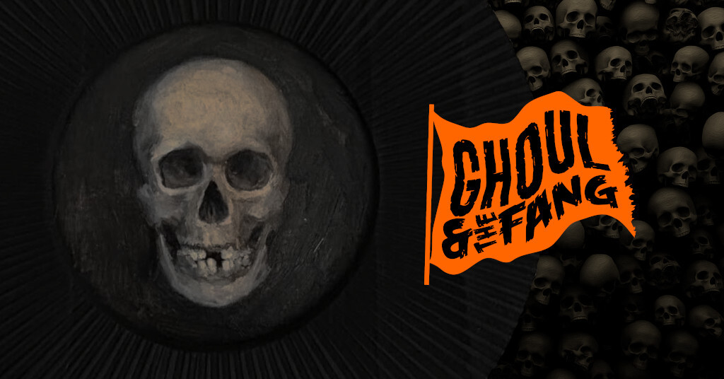 A miniature painting of a human skull in a round fluted black wood frame by Sasha Kinens, over a darkened field of human skulls, with the orange, ragged Ghoul and the Fang flag flying in front of it.