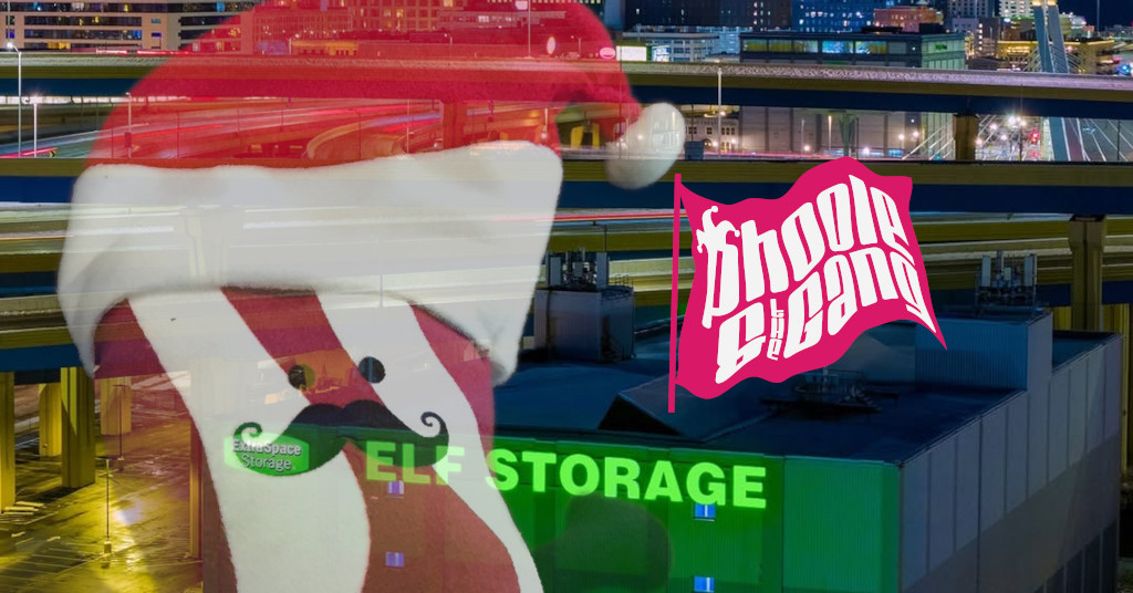 Photo by Aaron Johnson of Extra Space Storage in downtown Milwaukee, Wisconsin, USA, continuing their yearly tradition of converting their facility to Elf Storage for the winter holidays.