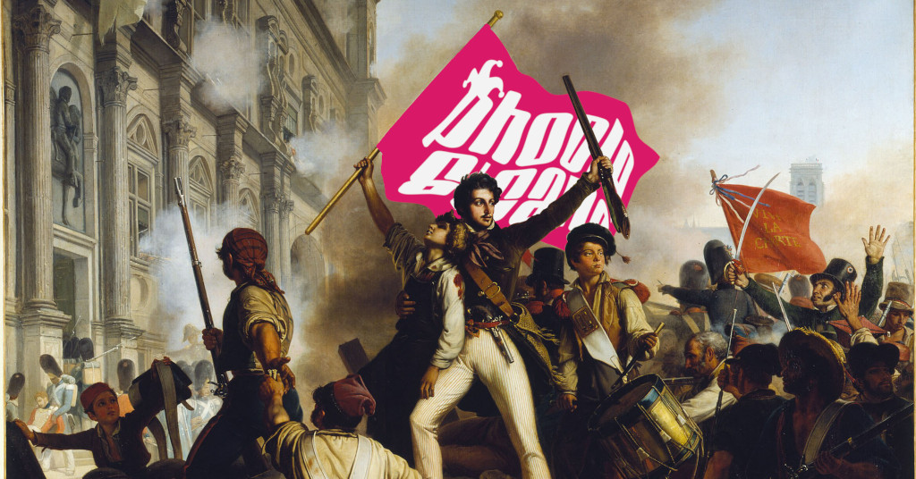 Jean-Victor Schnetz’s 1833 painting “Fight In Front of the City Hall on 28 July 1830”, but the French flag is replaced with the fuchsia Phoole and the Gang flag.